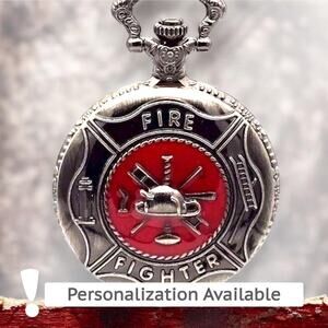 Firefighter Pocket Watch – Vintage Look Silver Red Fireman Gift First Responder